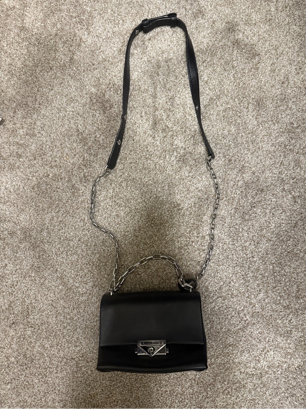 Michael Kors Black Leather Crossbody Bag with Silver Chain Strap